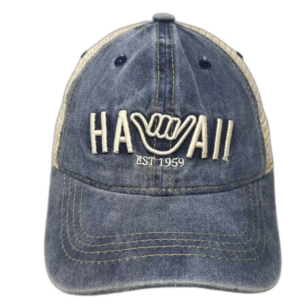 Island Crew Hawaii Baseball Cap Blue Beige OS Hat Shaka Logo Embroidered Mesh